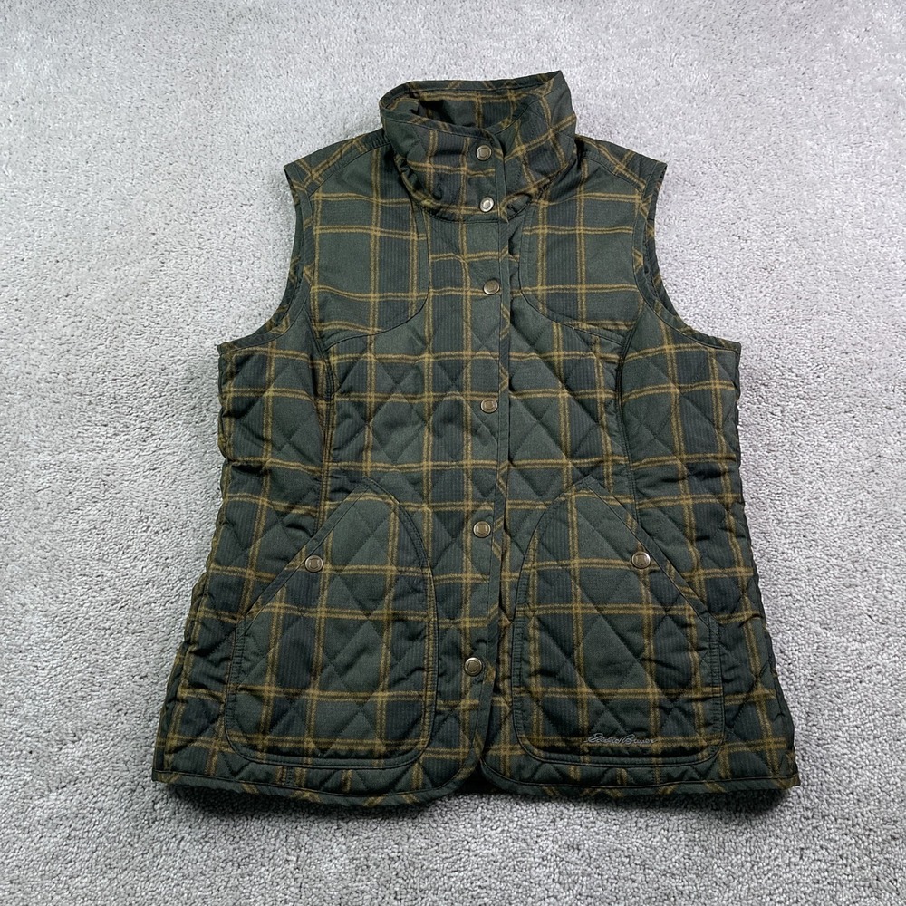 Eddie Bauer Vest‎ Womens Medium Green Check Quilted Sportshop Snap Front Outdoor